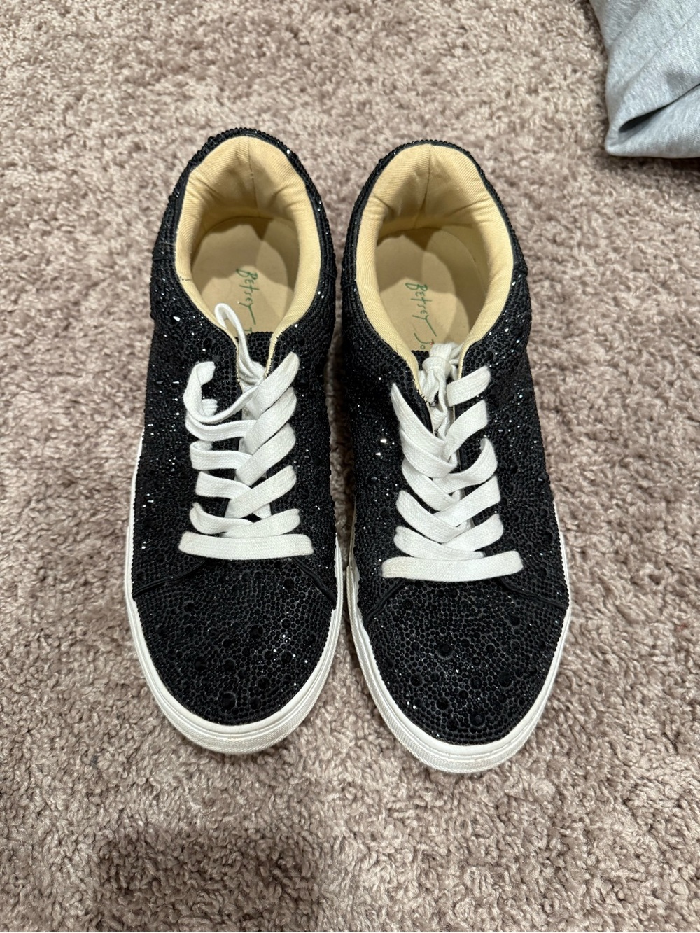 Betsey Johnson Black Sequin Low-Top Sneakers with White Laces